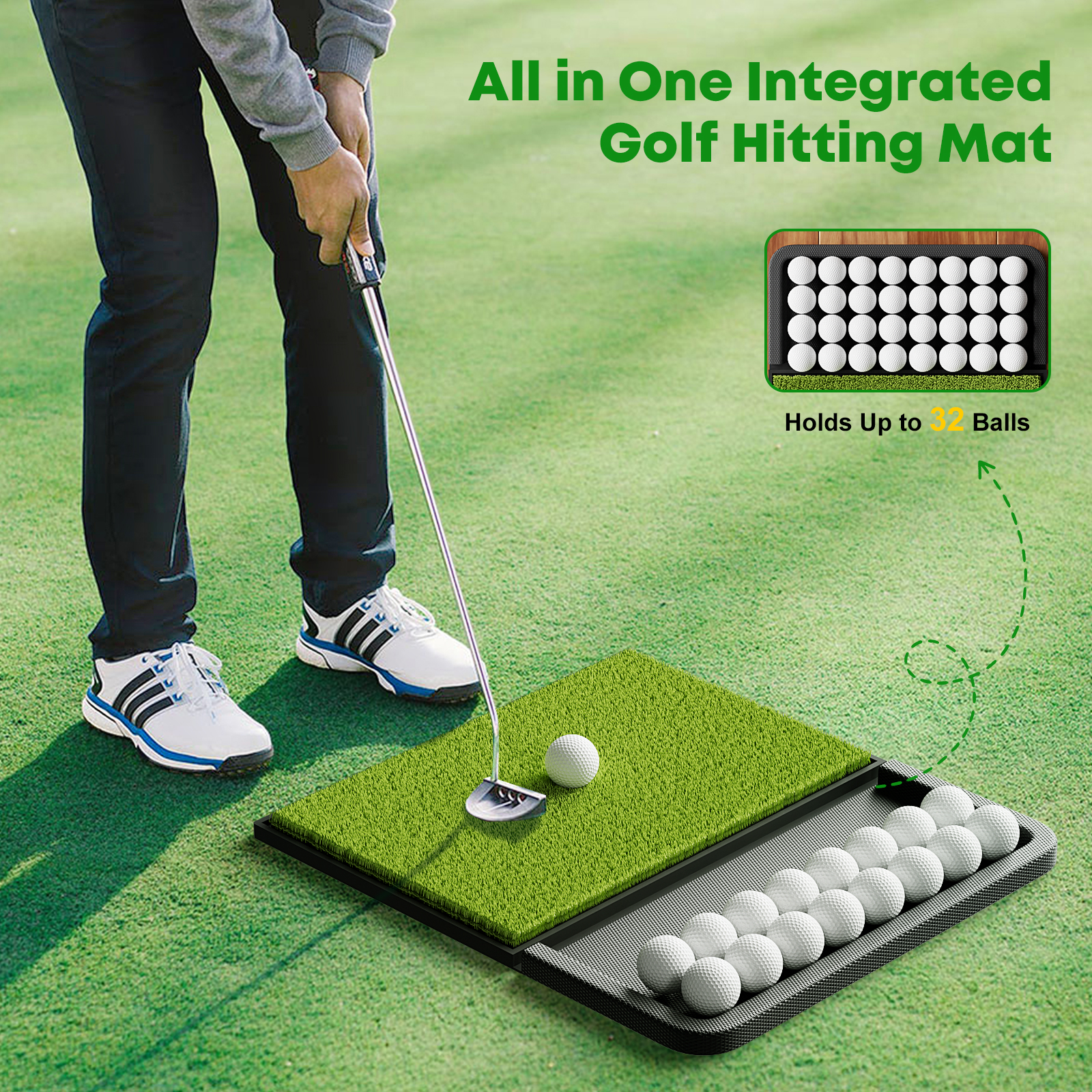 OKESAM Golf Hitting Mat Integrated with Ball Tray Artificial Grass Non-Slip Base for Practice 1 Pack 45*40CM