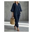 thumbnail image 2 of Women's Summer 2 Piece Outfits Lounge Sets Three-quarter Sleeve Top Wide Leg Cropped Pants with Pockets, 2 of 3