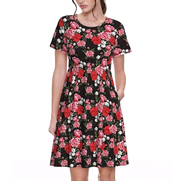 Fotbe Rose Flowers Vestido Largo de Moda para Mujer, Vestido Tipo Camiseta con Manga Corta y Estilo Casual a Rayas y Bloques de Color