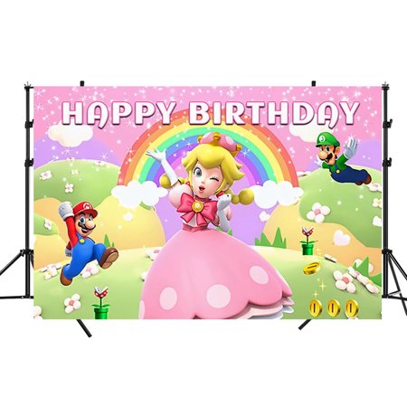 Peach Princess Backdrop Mario Birthday Party Banner Background for Photography Children Birthday Party Decoration Supplies (5x3ft)