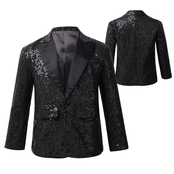 Aiihoo Kids Boys Notch Lapel Shiny Sequins One Button Tuxedo Blazer for Wedding Graduation Prom Black 14
