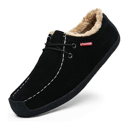Men Slip On Moccasin Slippers Loafers Suede Indoor Outdoor Boat Shoes Casual Fuzzy Comfy Wool-blend Memory Foam 12.5 Black