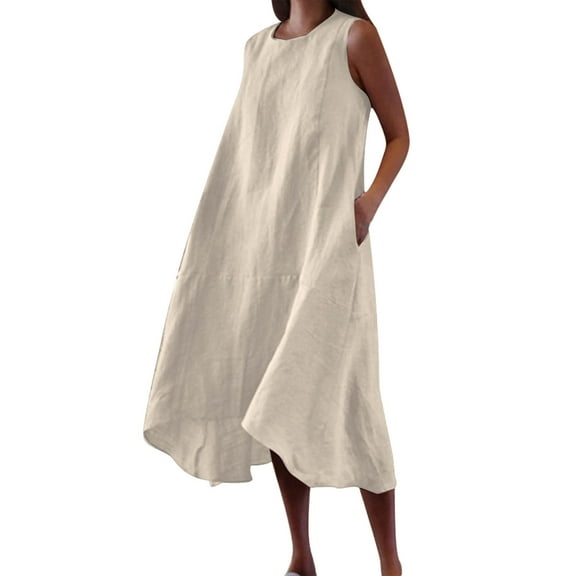 Fnooota Cotton Linen Maxi Dresses for Women, Vacation Sleeveless Loose Fit Casual Dresses Summer Dresses Khaki Size S-2XL