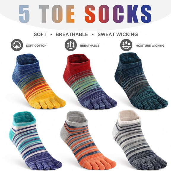 likloks 6 Pairs Cotton 5 Toe Socks for Men & Women, Breathable Moisture Wicking Low Cut Striped Athletic Socks for Running, Cycling & Sports Medium