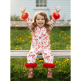 thumbnail image 5 of BemeyourBBs Newborn Baby Girl Silk Satin Pajamas Christmas Valentines Outfit Bow Print Romper Pjs Long Sleeve Feather Trim Button Down One-Piece Sleepwear Jumpsuit, 5 of 9