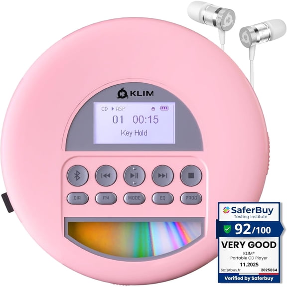 Restored KLIM Nomad Portable CD Player with Headphones, FM Radio, MP3 & TF Card compatible, Bluetooth, Great for Cars, Pink (Refurbished)