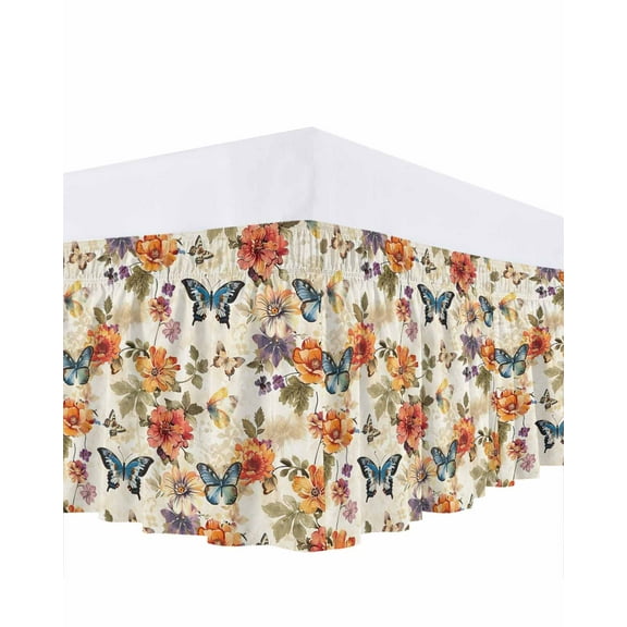 Flowers Butterfly Bed Skirt King Size 16" Drop Leaf Floral Retro Ruffled Wrap Around Bed Skirts Adjustable Elastic Bedskirt Dust Ruffle for King Size Bed