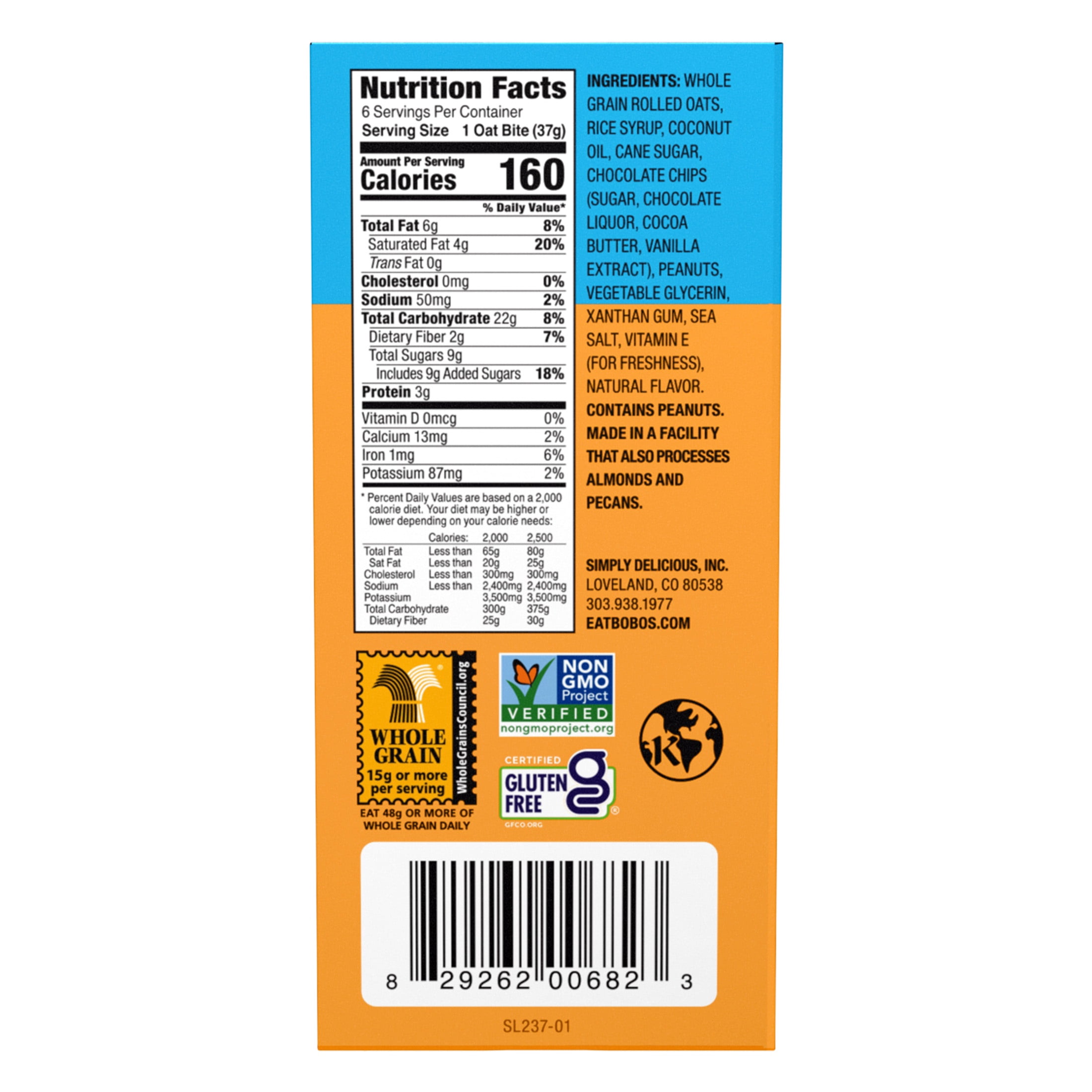 Bobo's Oat Bites, Peanut Butter Chocolate Chip, 6 Pack of 1.3 oz bars