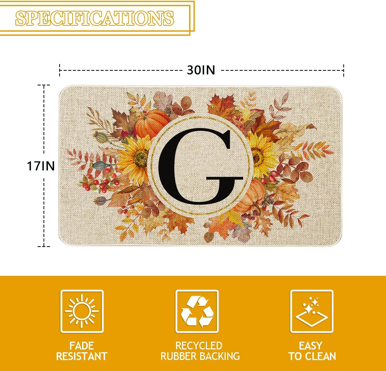 Fall Monogram Letter G Door Mat 30 X 17 Inch Family Last Name Initial Welcome Doormat Indoor Outdoor Entrance Floor Rug Non Slip Fall Autumn Thanksgiving Decor Rubber Mats