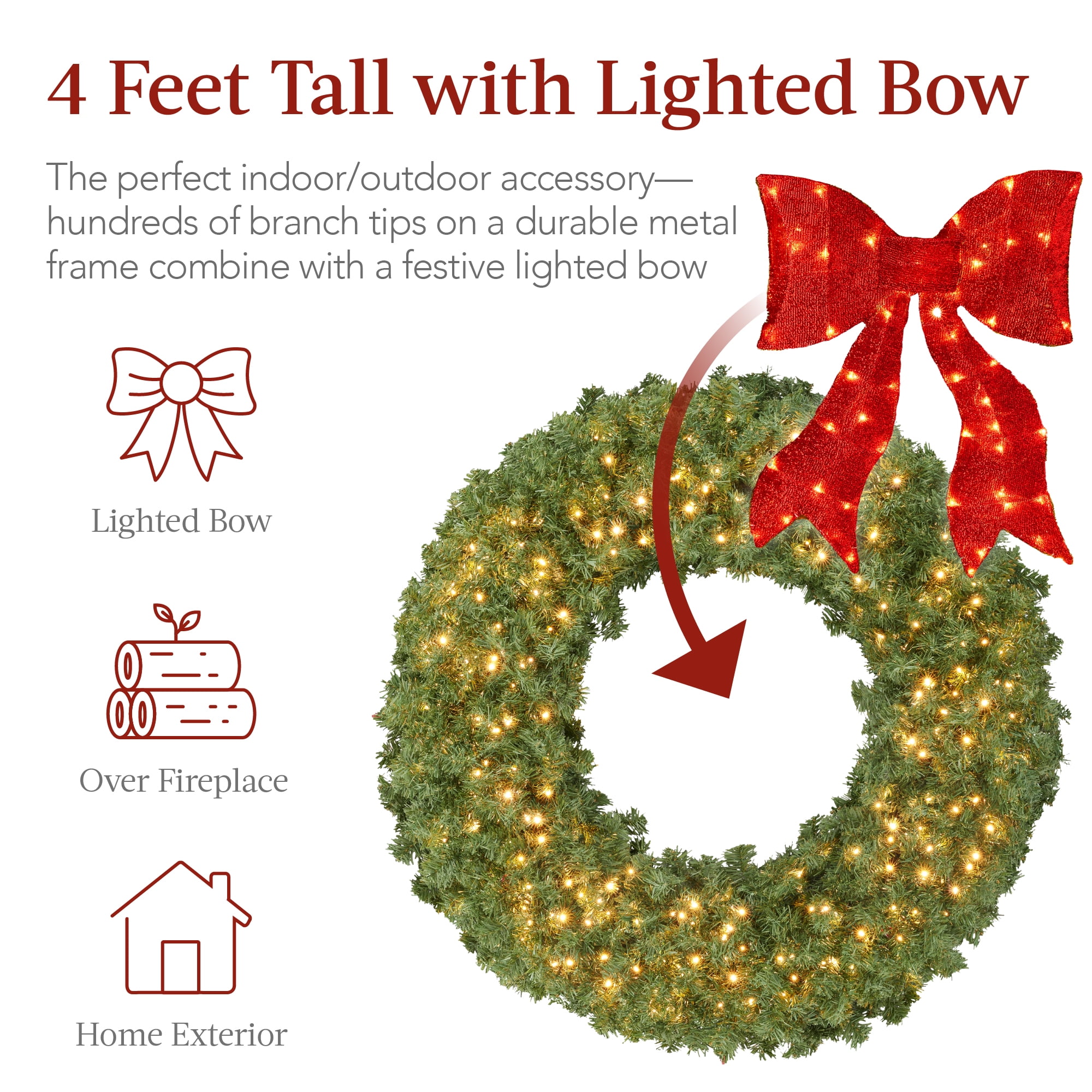 Best Choice Products SKY6244 48in Pre-Lit Outdoor Christmas Wreath, LED Metal Holiday Decor w/ 140 Lights, Bow - Green/Red