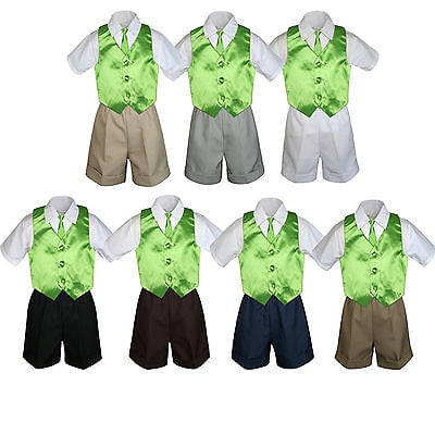 

4pc Set Boy Toddler Formal Lime Vest and Necktie Black Navy Khaki Shorts S-4T