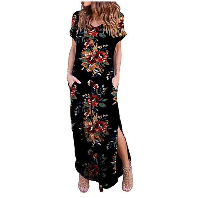 Leutsin Robe Longue Décontractée à Manches Courtes Imprimé Floral Col en V Grande Taille