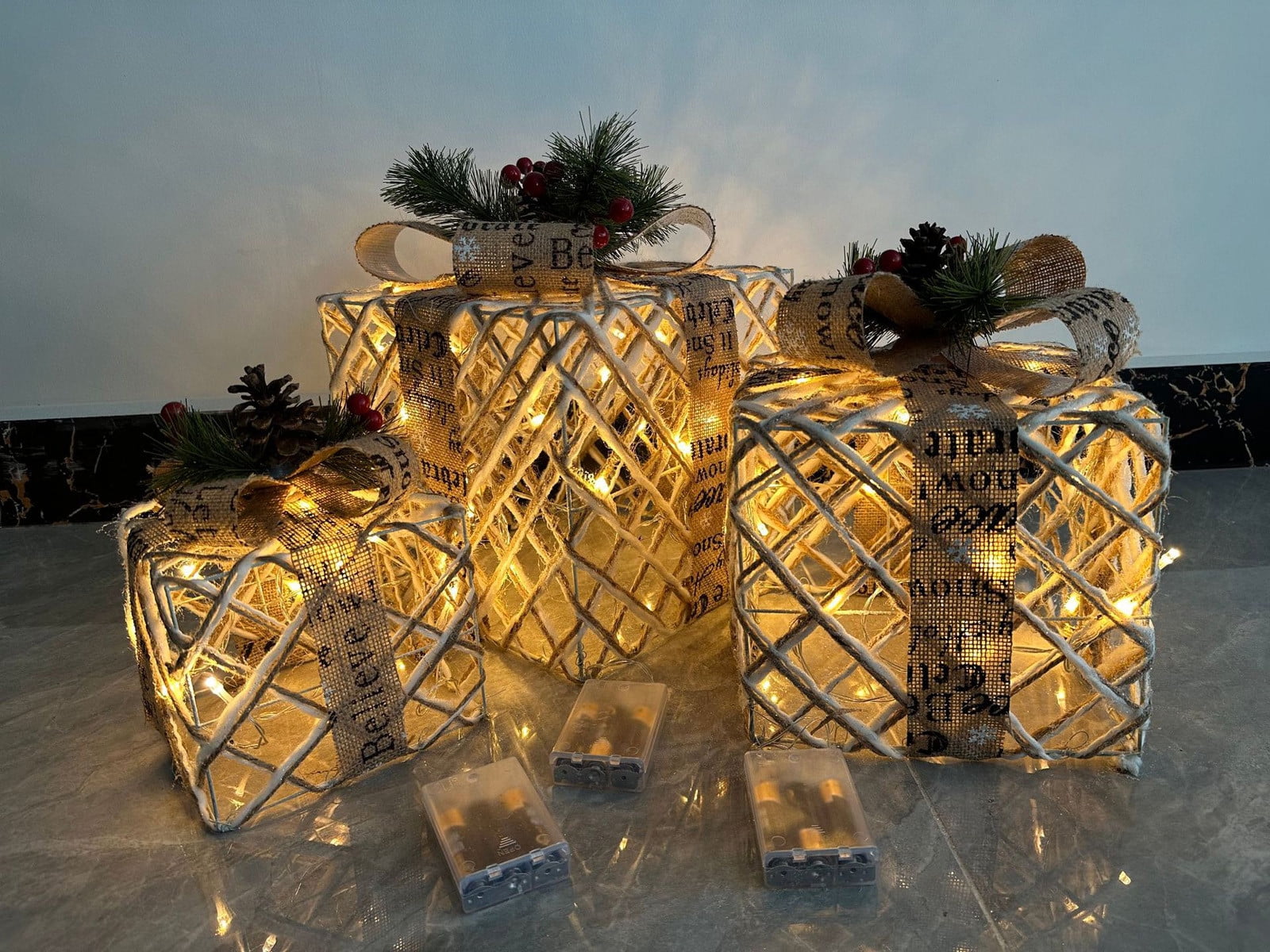 Lighted Christmas Gift Box Decor - 3-Piece Pre-Lit Present Set With Snowy Flocking