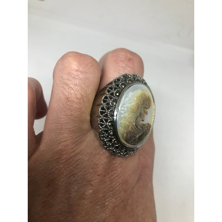 Antique White mother of pearl cameo marcasite fillgree ring Size