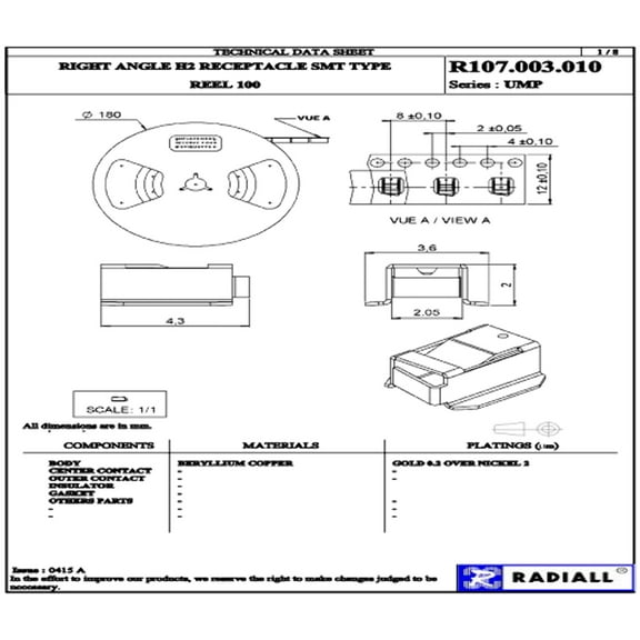 R107.003.010 RF / Coaxial Connector, UMP Coaxial, Right Angle Jack, Solder, 50 ohm, Brass