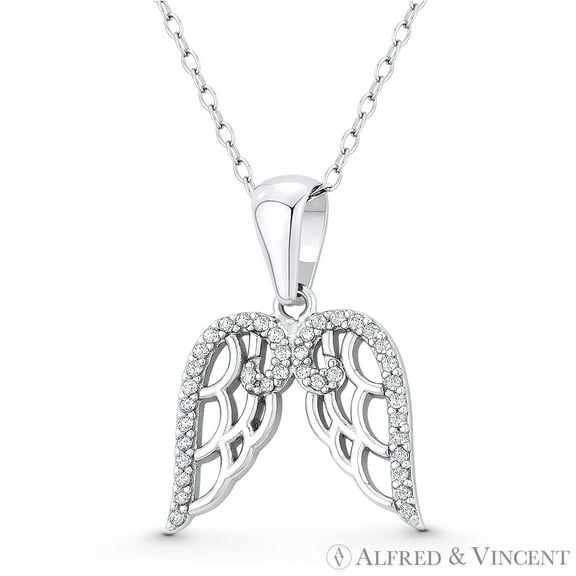 Angel's Wings Charm CZ Crystal Charm Pendant & Chain Necklace in .925 Sterling Silver w/ Rhodium