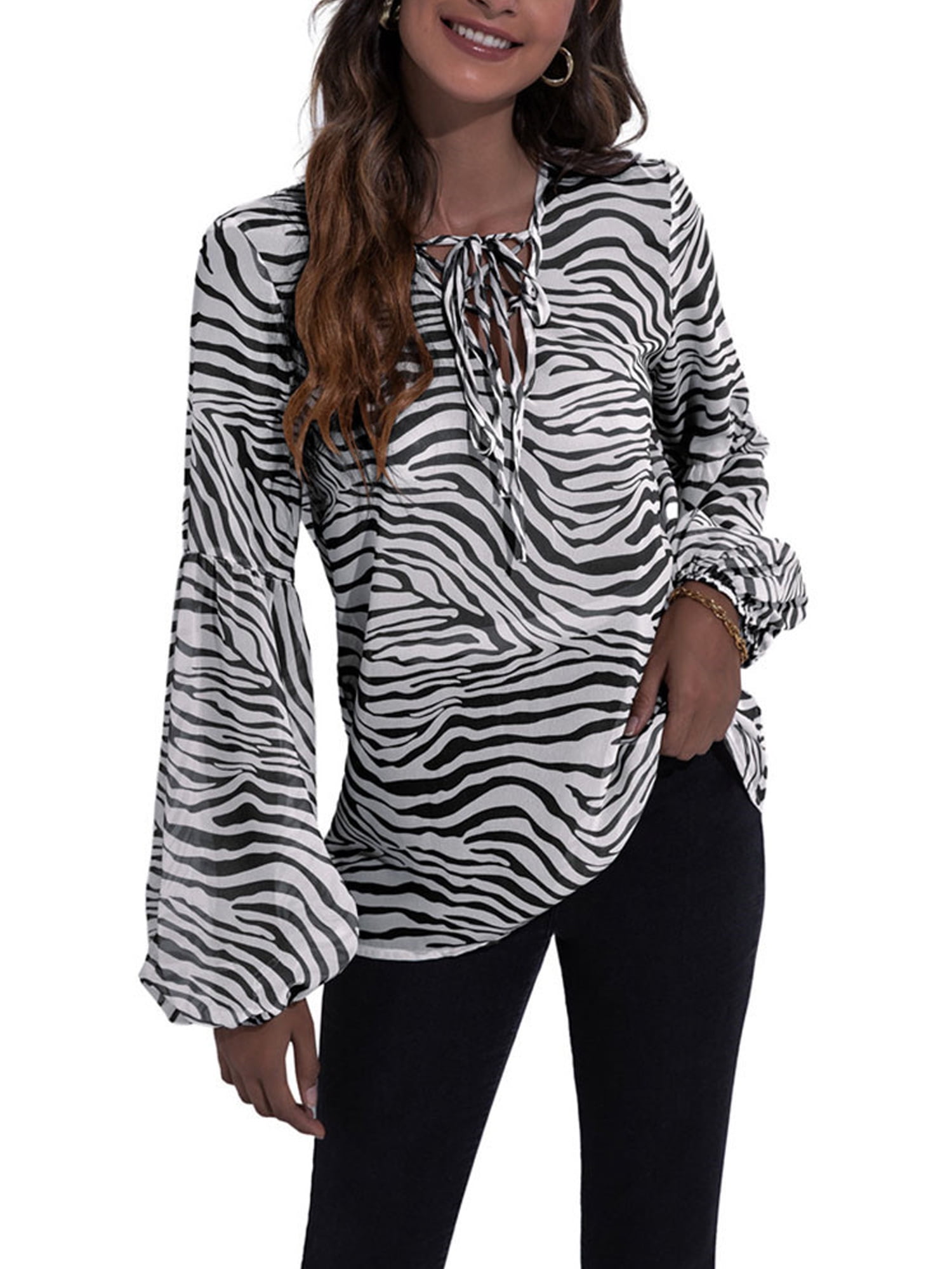 Small Navy Women Fashion Tops Zebra Patterned Cold Shoulder Sweatshirt Lantern Sleeve Pullover Ladies Casual Plus Size Shirts