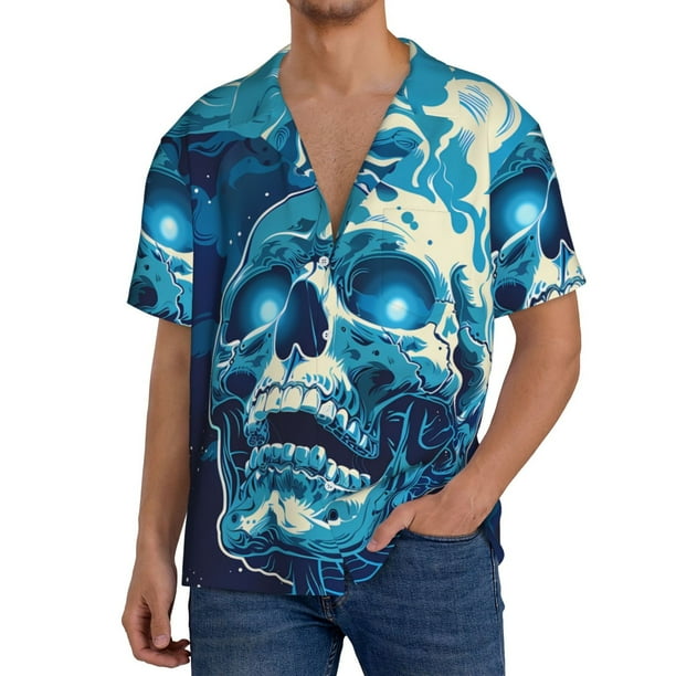 Fotbe Abstract Blue Skull Camisa Estampada de Manga Corta para Hombre, Casual de Verano, Estilo Playero, Sin Arrugas-XX-Large