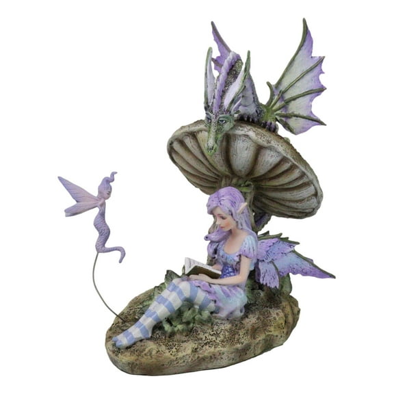 Amy Brown Bookworm Fairy With Pixie and Dragon By Toadstool Mushroom Figurine