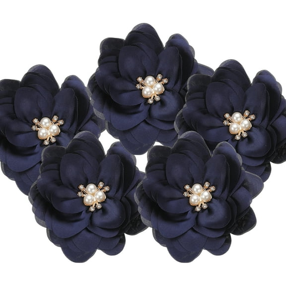 3.15 Inch Chiffon Flowers, 5 Pcs Fabric Flowers Rhinestone Pearl Large Camellia Sewing Appliques for DIY Crafts Dresses Clothing Headbands Wedding Party Decoration, Navy