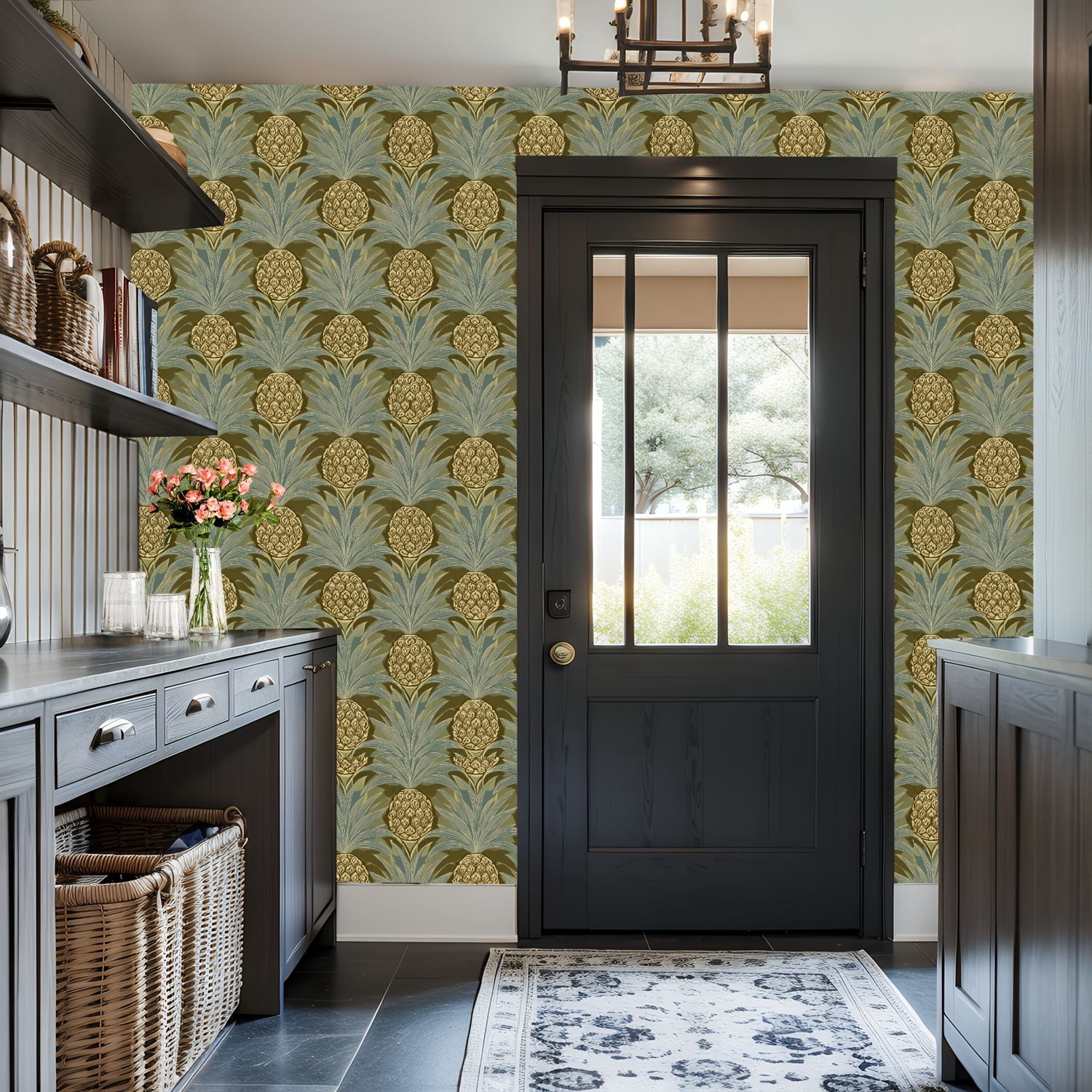 Peel and Stick Wallpaper Pineapple Tropical Botanical Olive Green Blue Wall Mural 17.7in x 9.8ft Self Adhesive Removable Wall Paper Renter Friendly Wallpaper for Nursery Bedroom Cabinets