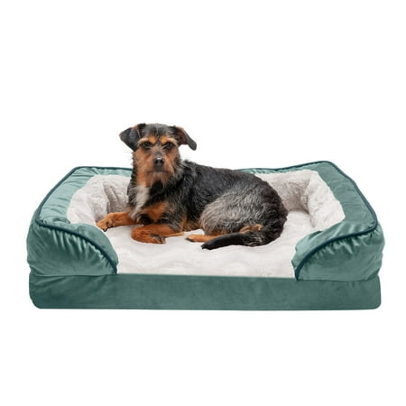UPC: 0842229119879 | FurHaven Pet Products | Memory Foam Perfect Comfort Velvet Waves Sofa-Style Couch Pet Bed for Dogs & Cats Celadon Green Medium