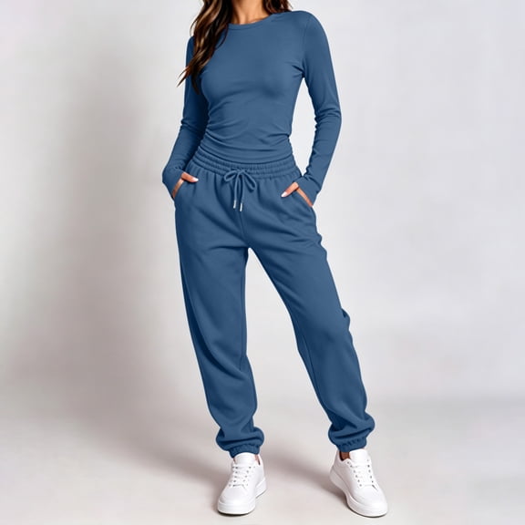 Karymi Cute Tops for Women Solid 2 Piece Tracksuit, Crew Neck Long Sleeve Top & High Waist Drawstring Jogger Pants, Casual Loungewear Outfit