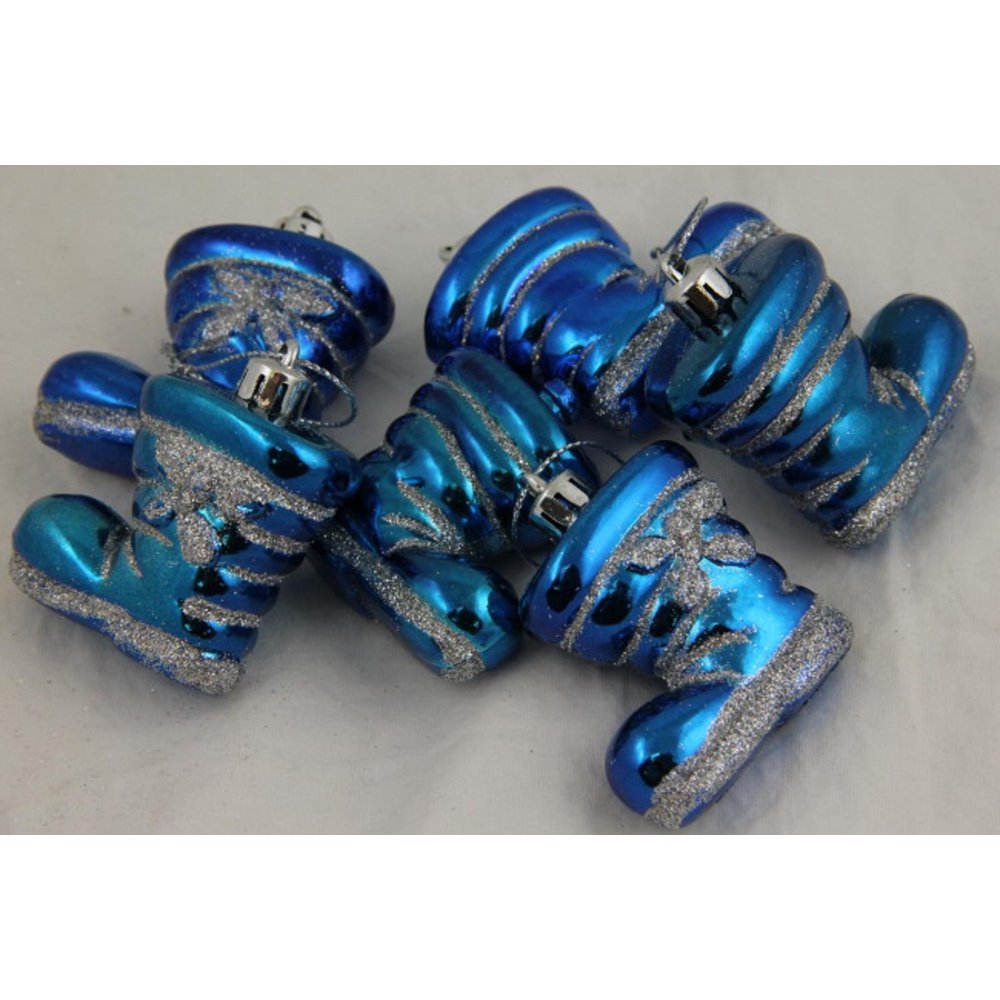 Pack of 6 Blue Shiny Shatterproof Glitter Boot Christmas Ornaments 2