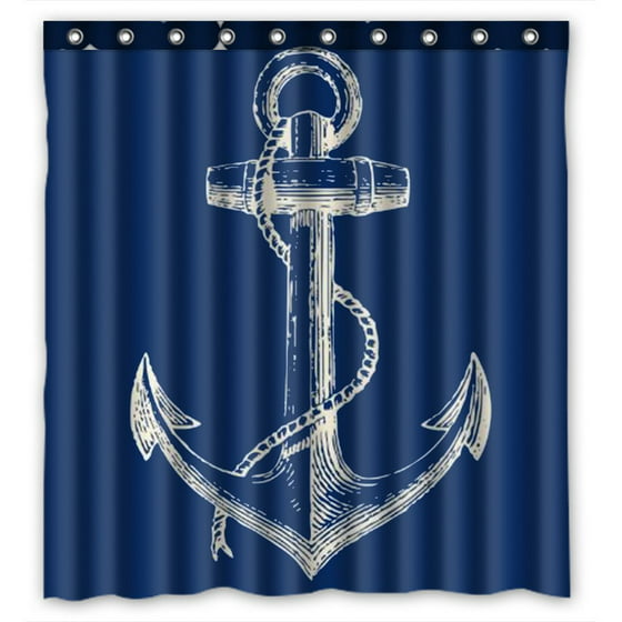 GCKG Nautical Navy Blue Anchor Bathroom Shower Curtain, Shower Rings Included 100% Polyester 
