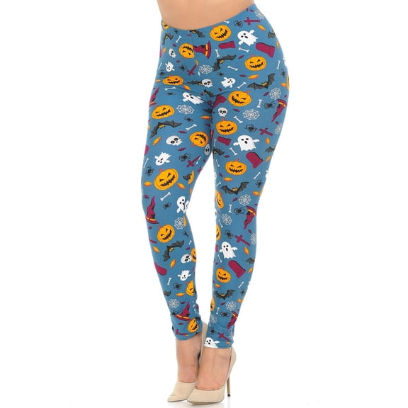 Buttery Soft Steel Blue Halloween Motif Plus Size Leggings (One Size Plus,Blue)