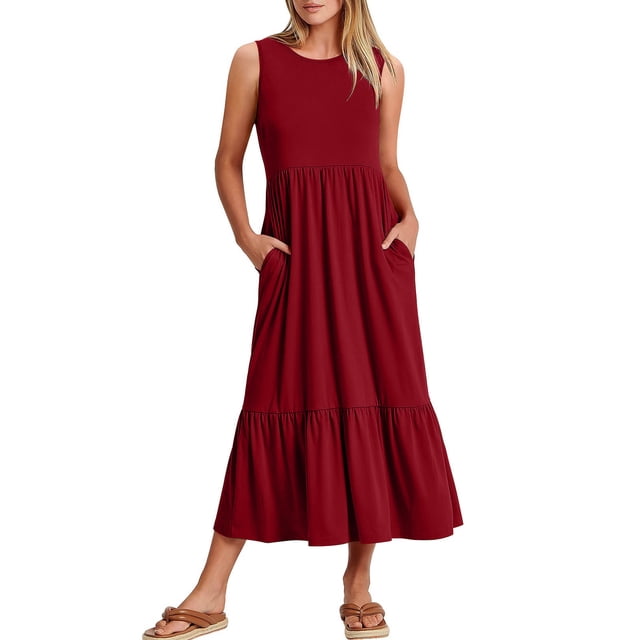 Prolriy Robes Printemps Été pour Femmes 2025 Robes d'Été Décontractées Sans Manches Col Rond Robe Longue Fluide à Volants avec Poches Robes d'Été pour Femmes, Robes Femmes Vin m