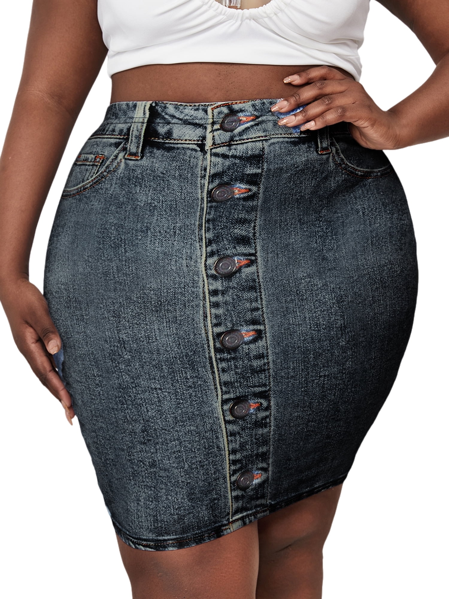 Black high waisted 2025 denim skirt plus size