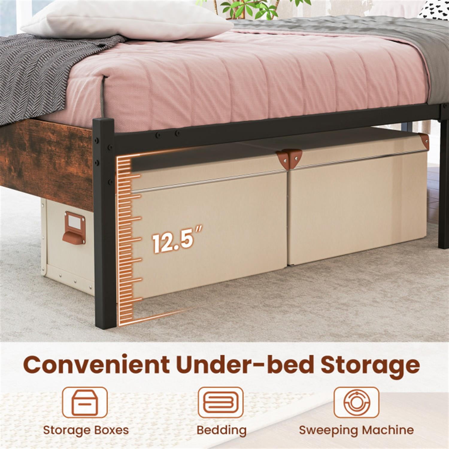 Demi Bonn Twin Size Bed Frame with Wooden Headboard and Footboard, Modern Metal Platform Bed Frame with Under Bed Storage, No Box Spring Needed, Brown