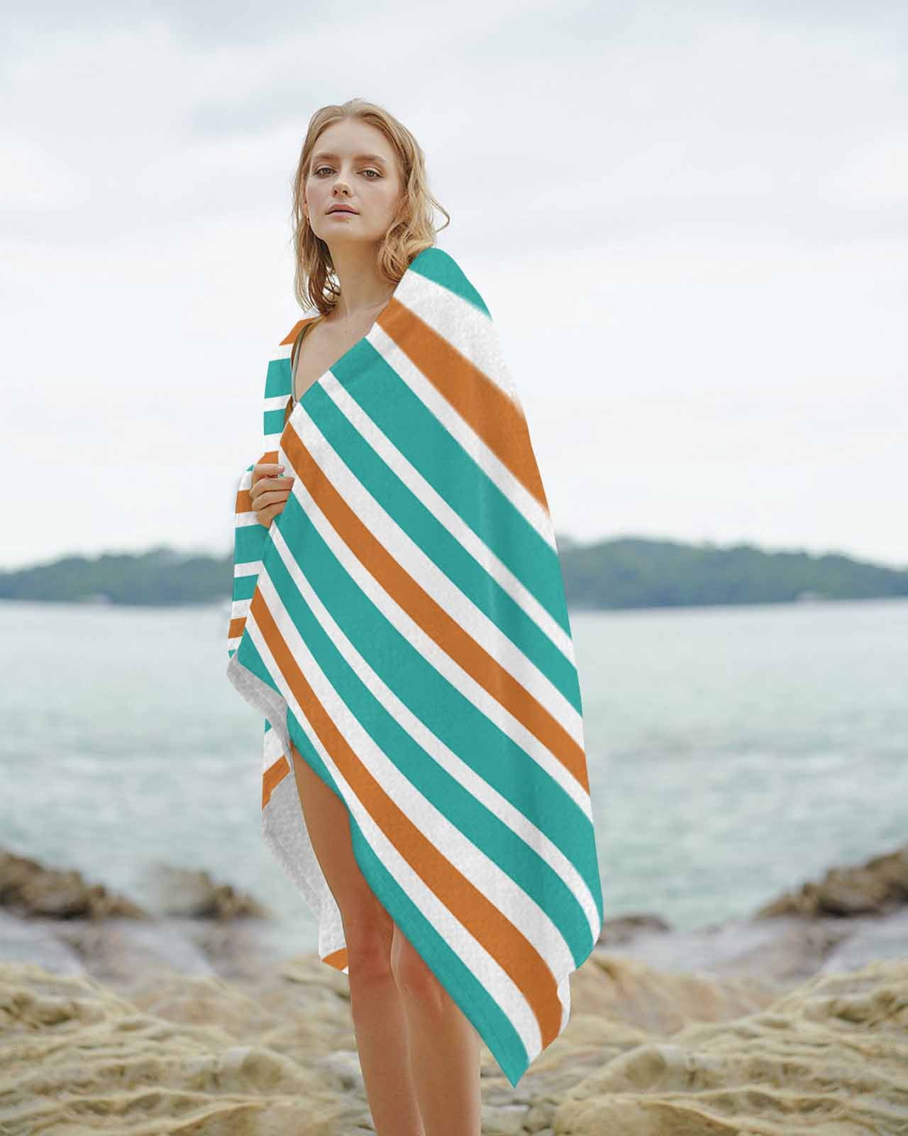 Turquoise Orange Striped Beach Towels Oversized Super Absorbent,Modern White Abstract Art Aesthetics Lightweight Bath Towel Quick Dry Sets For Bathroom/Pool/Rv Camping/Beach Play/Gym Room 31"x62"