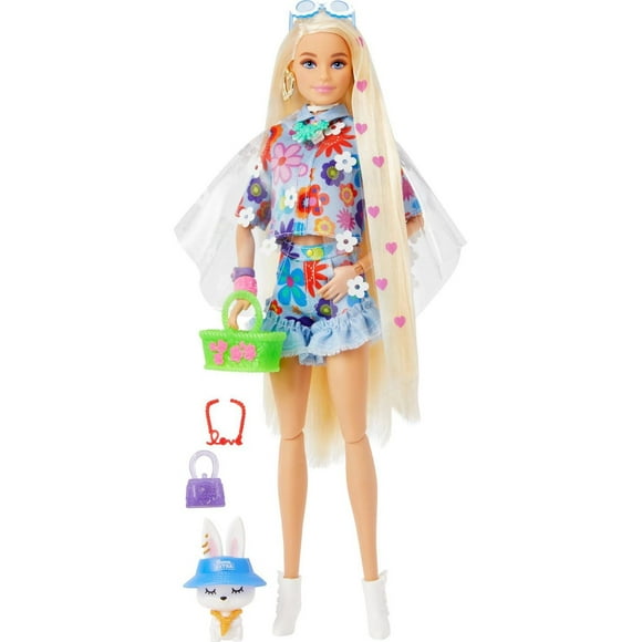 Barbie Extra Doll #12 in Floral 2-Piece Fashion & Accessories, with Pet Bunny, Extra-Long Blonde Hair with Heart Icons & Flexible Joints, Gift for 3 Year Olds & Up