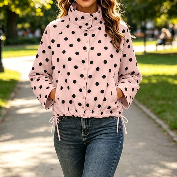 TaTaai Women's Polka Dot Stand Collar Jacket Button Down Lightweight Windbreaker with Pockets for Spring
