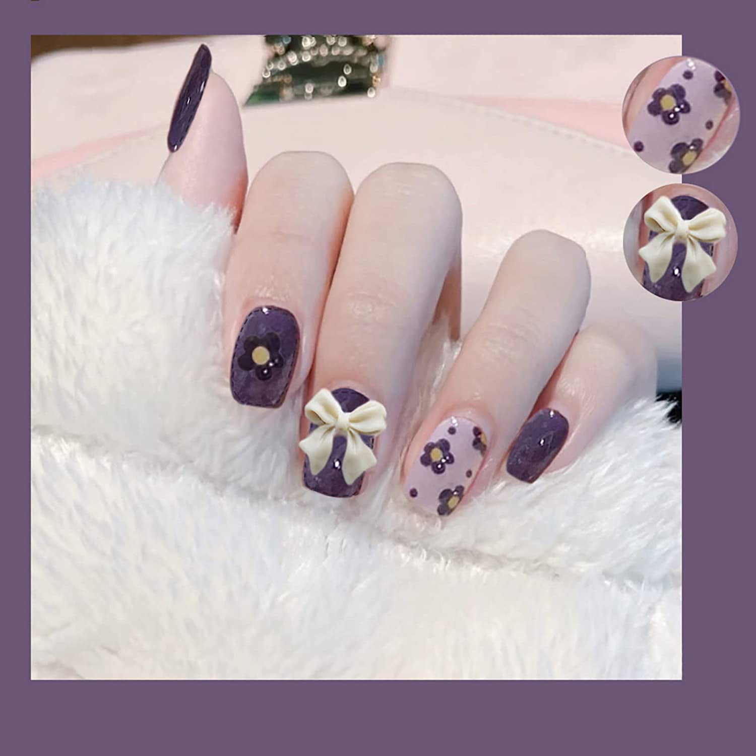 French Tip Press on Nails Short with Designs, Cute Floral Fake Nails Purple  False Nails Coffin with Glue, Purple Acrylic Glue on Nails for  Women/Daily/Party, 24PCS/Set (Dream of Lavender) 