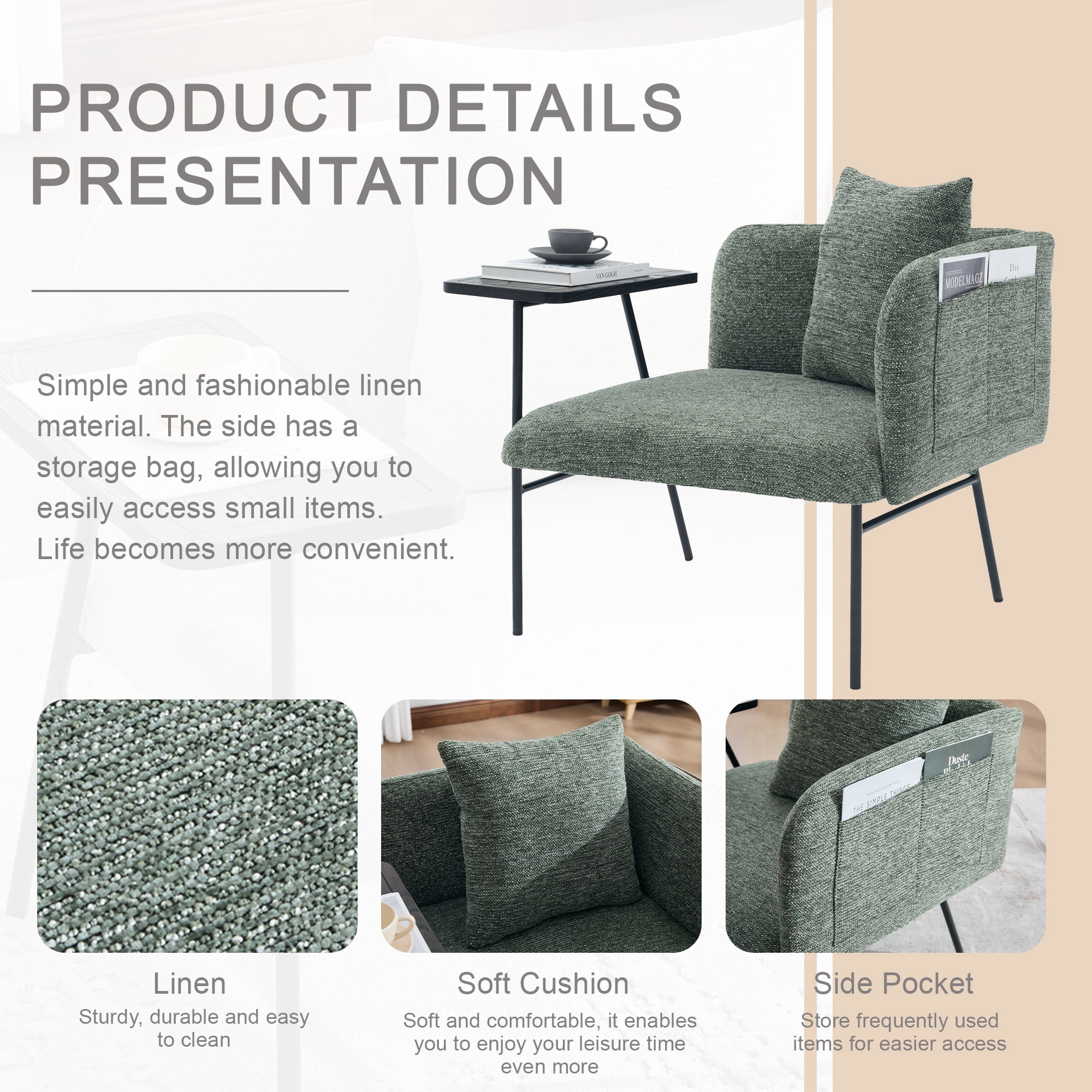 Emerald Green Accent Lounge Chair with Back Pillow and Side Table, Upholstered Single Sofa Armchair with Metal Legs, Reading Seating for Living Room Bedroom