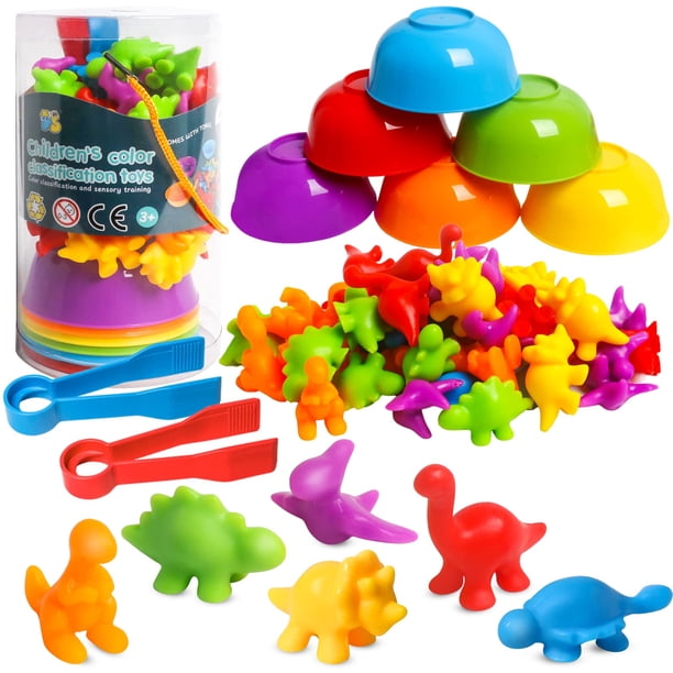 Contar juguetes de dinosaurios Juegos a juego con tazones de clasificación Clasificación de juguetes para niños pequeños Actividades de aprendizaje preescolar para matemáticas Color Sensorial Montesso