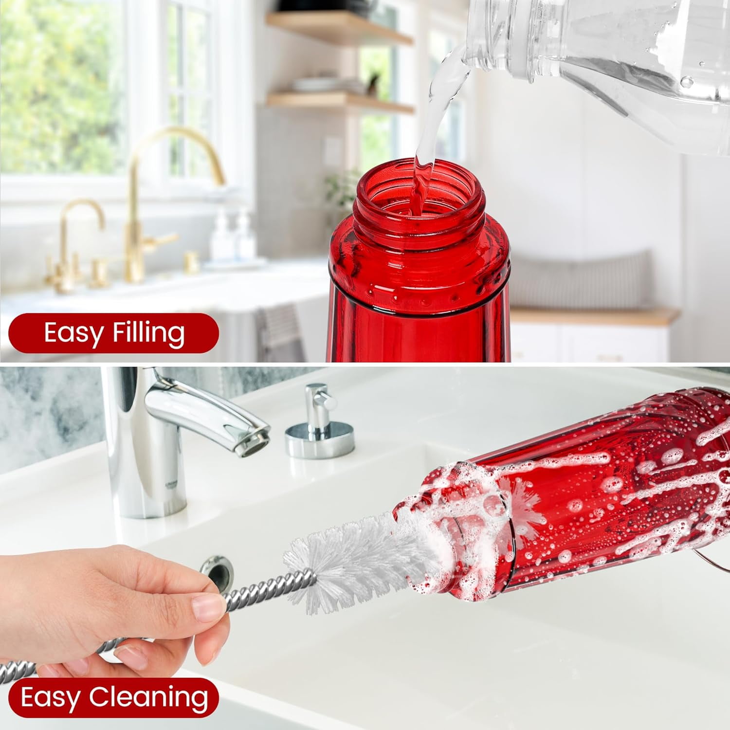 Glass Hummingbird feeders for Outdoors 2pack-14Ounces，5 Feeding Ports Feeder,Wide Mouth Easy Filling/Cleaning，Hanging Garden Backyard Decor, Includes Ant Moat (Red，2Pack)