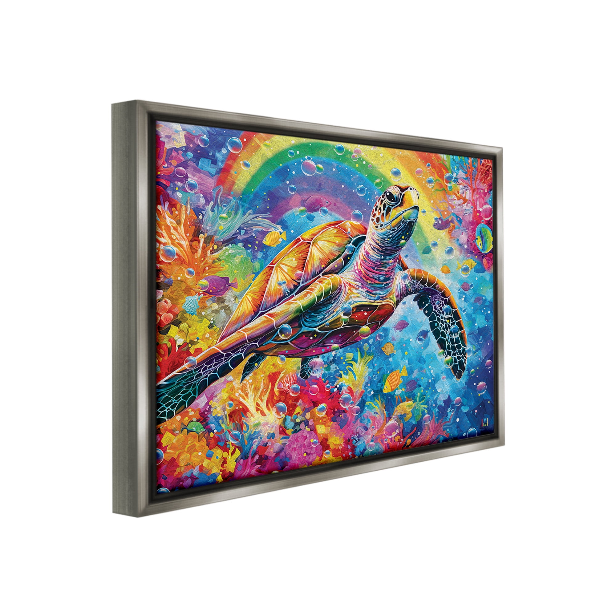 Stupell Industries Turtle with Underwater Rainbow Animals & Insects Painting Gray Floater Framed Canvas Art Print Wall Art, 21 x 17