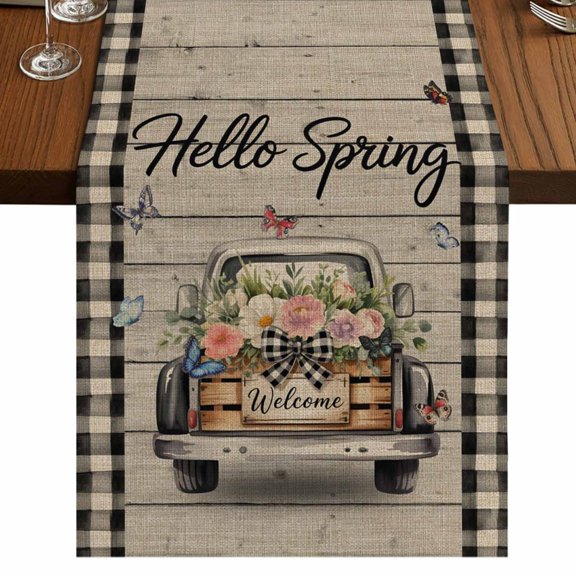 Table Runners 48 Inches Long Dress Scarves, Spring Flower Farmhouse Kitchen/Dining Table Runner, Short Coffee Tablerunners, Farmhouse Vintage Truck Black Plaid Wood Grain 13x48 Inch