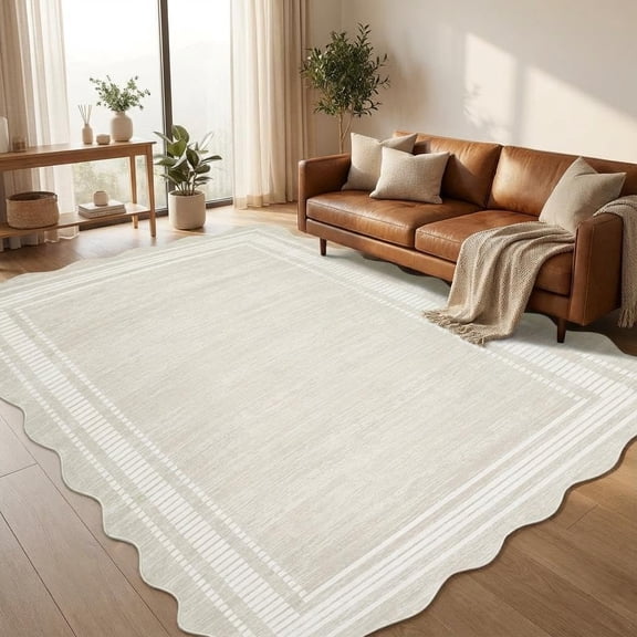 6x9 Modern Area Rug for Living Room Machine Washable Non Slip Low Pile Scalloped Cream