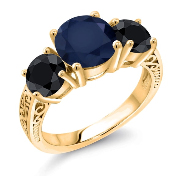 Gem Stone King 18K Yellow Gold Plated Silver Blue Sapphire and Black Sapphire Engagement Ring for Women | 4.76 Cttw | Round 8MM | Gemstone September Birthstone | Size 9