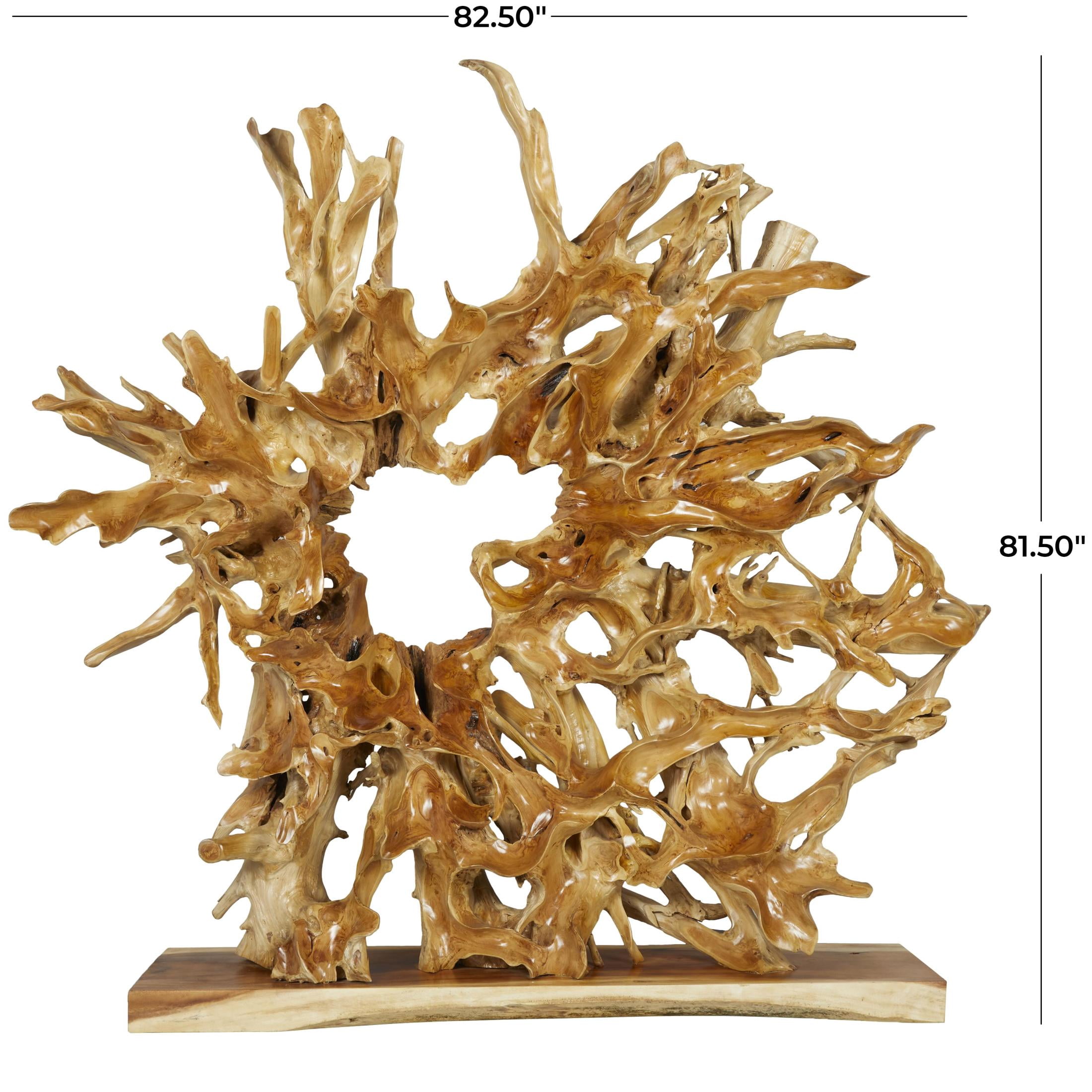 83" x 82" Light Brown Teak Wood Handmade Large Oversized Tree Root Floor Abstract Sculpture, by DecMode