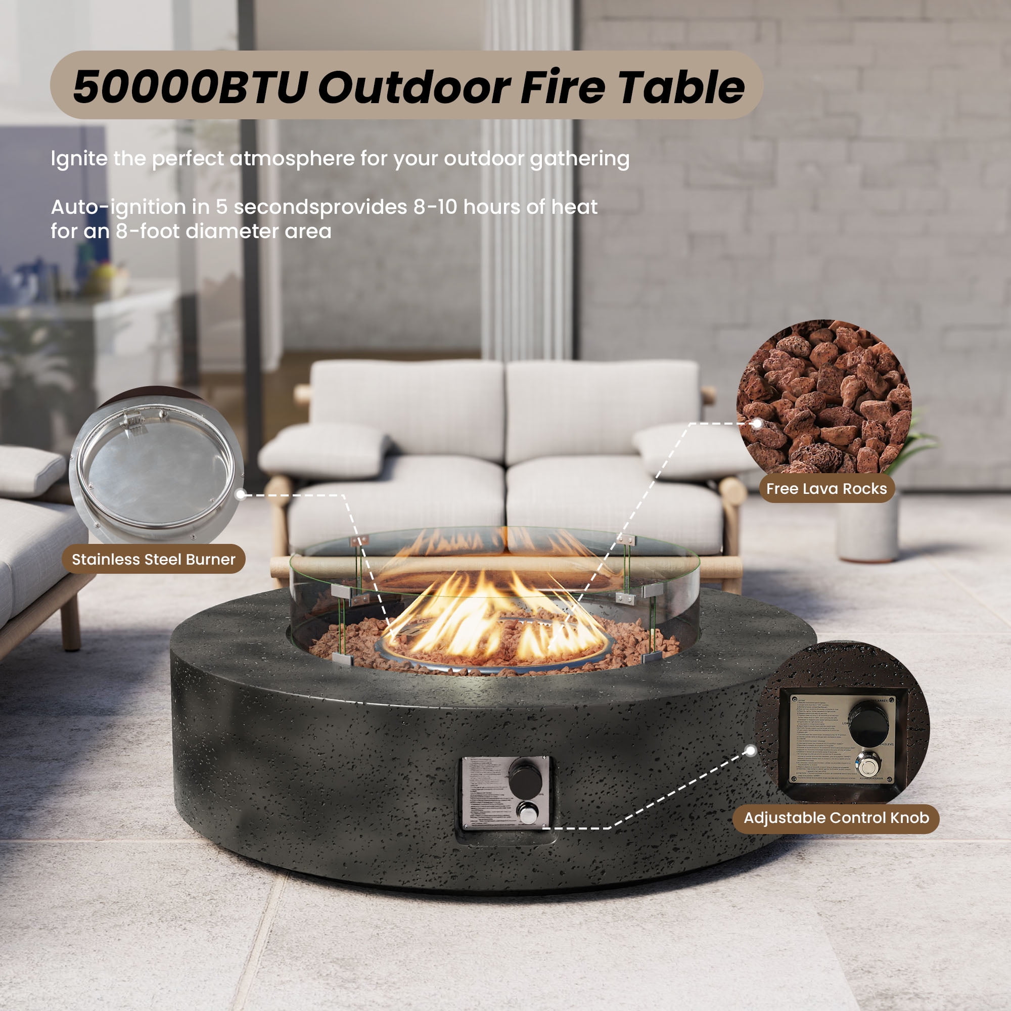 VENTOPYR 40.5" Outdoor Fire Pit Table 50,000 BTU with ​​Tempered Glass Wind Guard