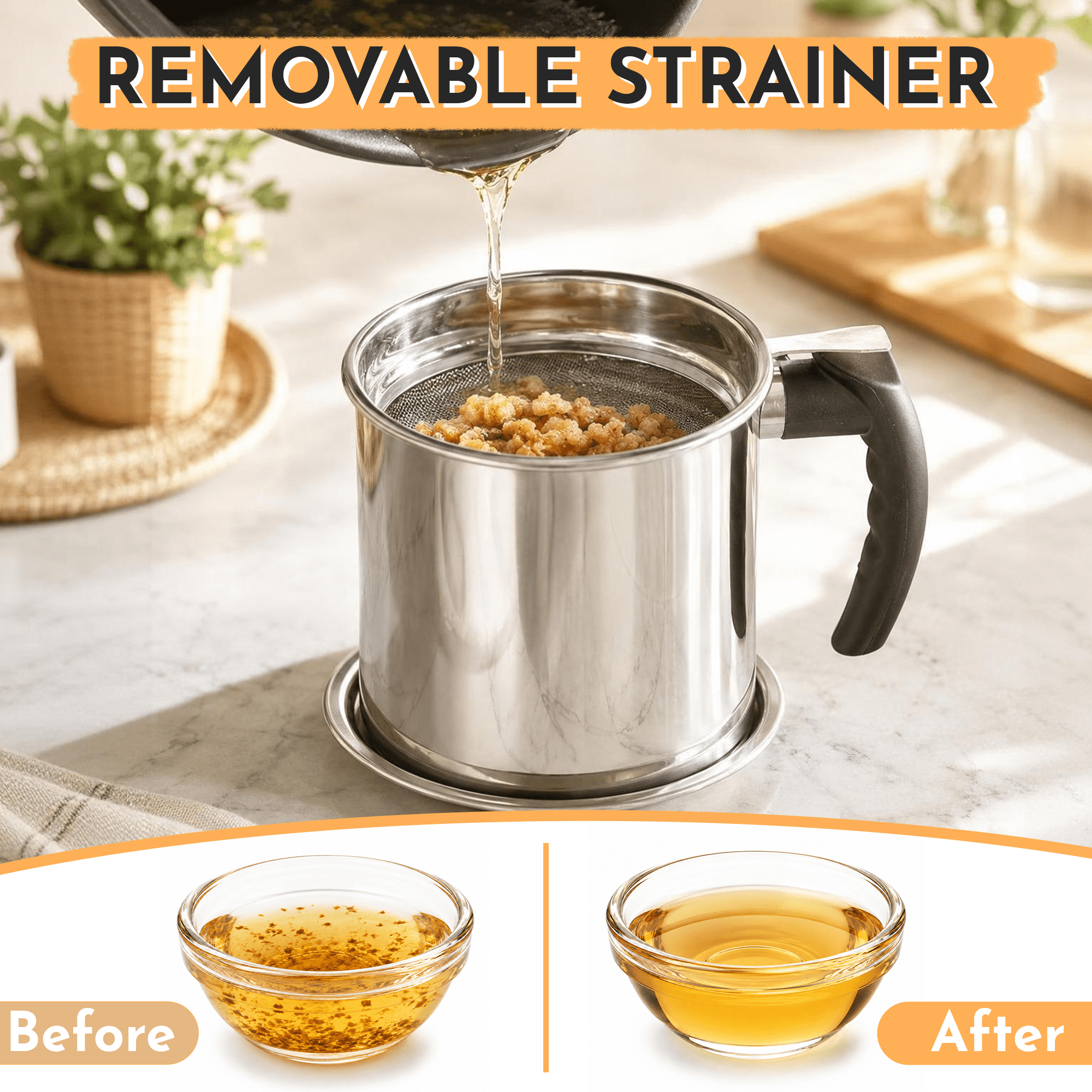 GARITIN Bacon Grease Container with Strainer, 1.8L Stainless Steel Oil Storage Pot, Grease Saver Can with Fine Mesh Filter for Kitchen Cooking Frying Oil