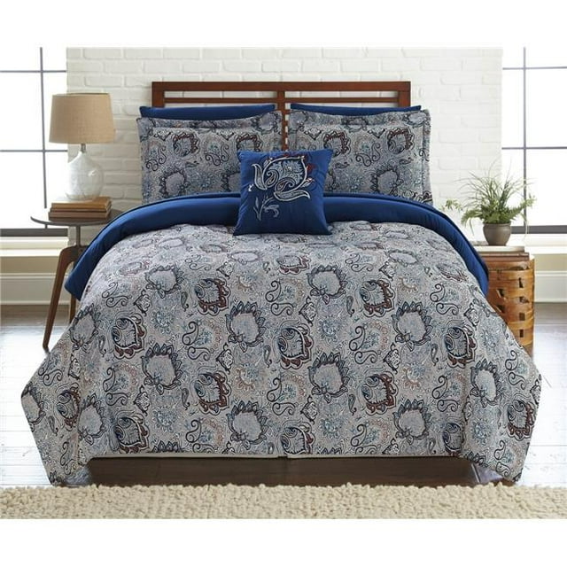 Benzara BM202725 Caen Full Size Printed Reversible Comforter Set, Gray & Blue - 8 Piece
