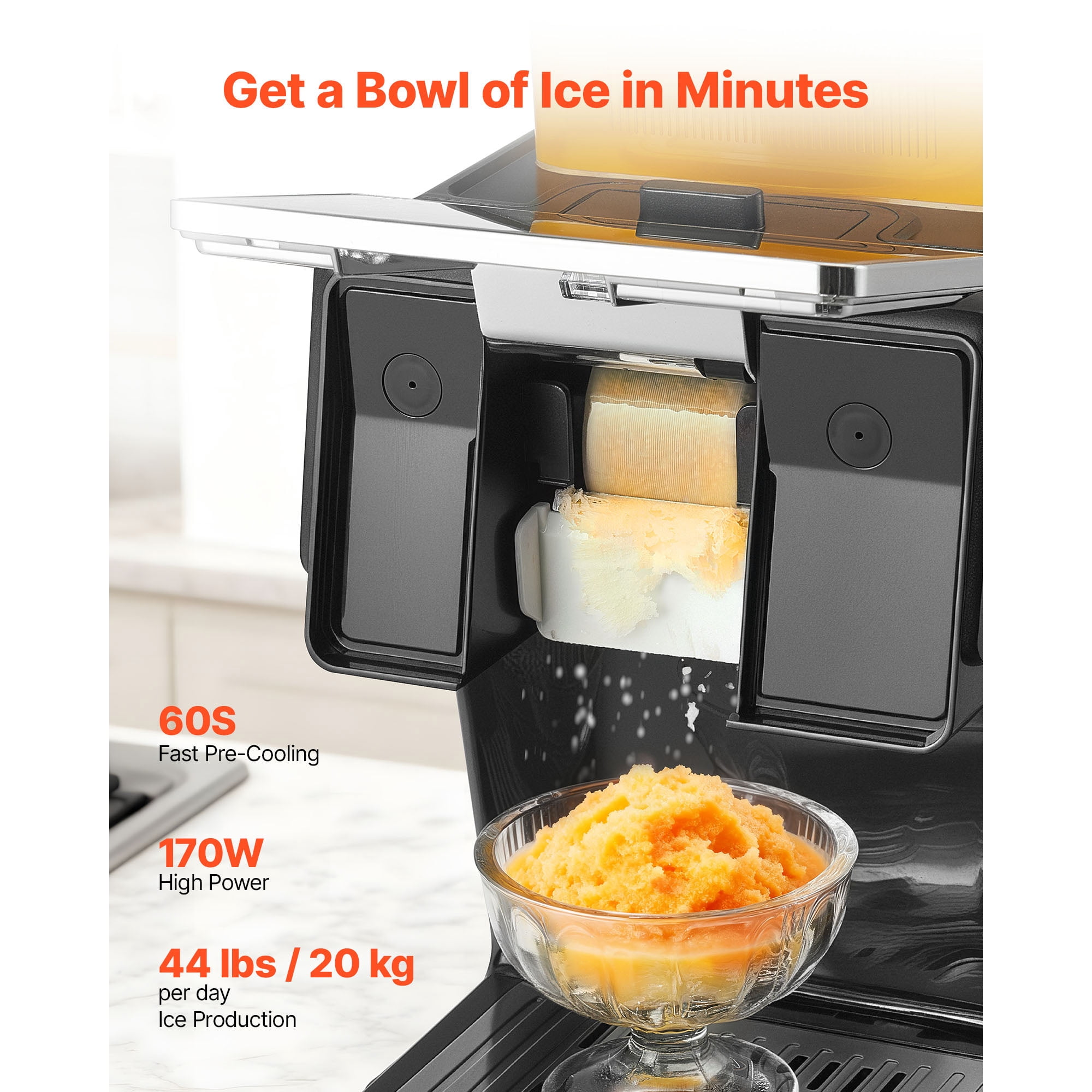 KFFKFF Snowflake Ice Maker, 44LBS/24H Ice Machine, Stainless Steel Ice Shaver with 0.2 Gal Tank, Quick 60-Second Pre-Cooling, Ideal for Home Use & Small Events