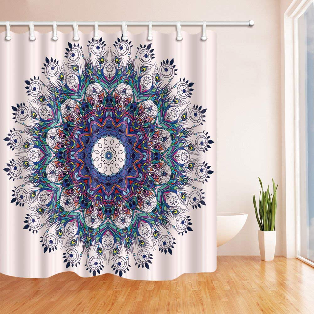Mandala Flower Pattern with Peacock Feather Bathroom Fabric Shower Curtain Set 